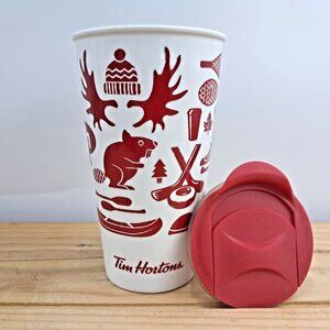 Tim Hortons 2018 Ceramic Travel Mug Canadiana White Red Moose Beaver Icon